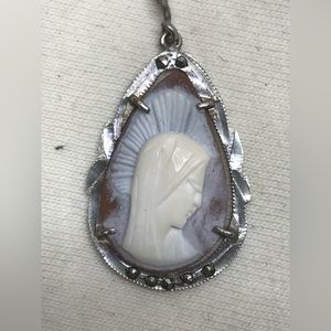 Edwardian Madonna Mary Rare 800 European Silver Cameo Pendant with Marcasite
